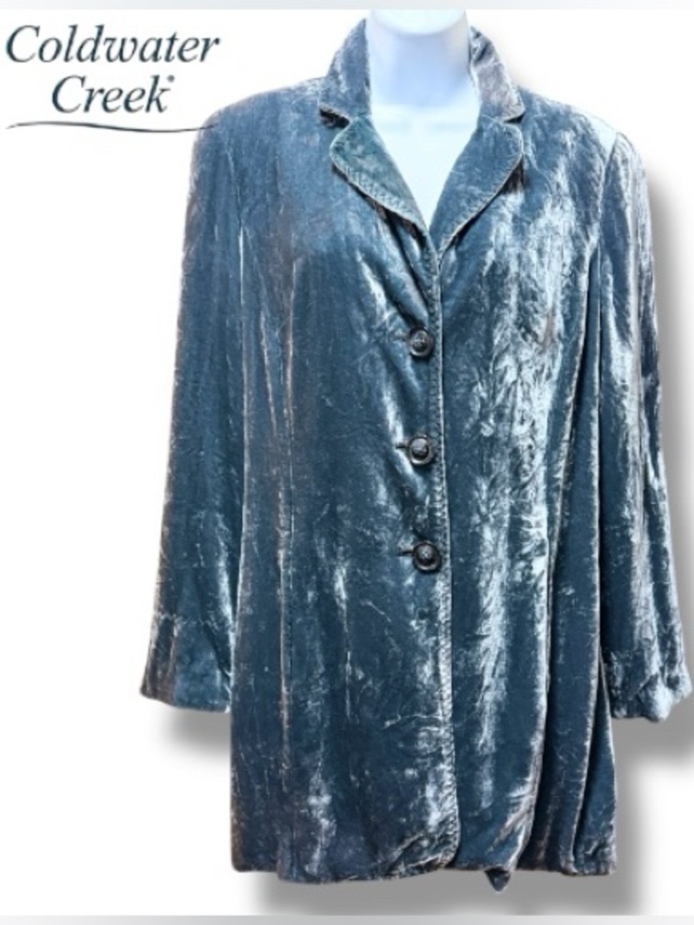 Coldwater Creek Silk Velvet Jacket Blazer Teal 3-Button Whimsygoth | Sz 14 P